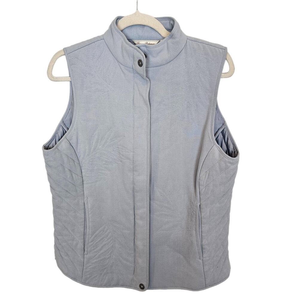 Tommy Bahama Womens Silk Full Zip Vest Size M Embroidered Floral Minimalist Gray